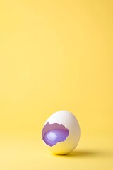 Poster - White egg with a purple hole in it is sitting on a yellow background. The egg is the main focus of the image, and the purple color of the hole adds a sense of mystery and intrigue