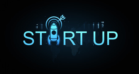 Poster - Startup concept with glowing rocket icon and digital elements. 3D Rendering