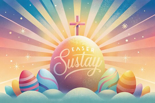 Happy Easter Sunday Poster, Artwork Easter Bunnies with a Big Easter Egg, Ringing a Gold Bell, Easter Greetings with Sunbeam