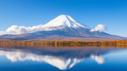 Snow-capped mountain reflecting on calm water.