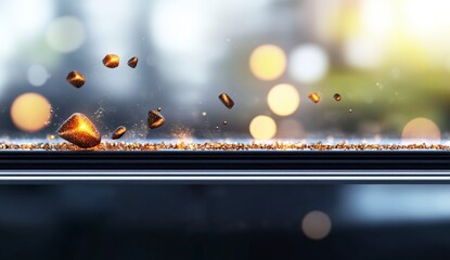 Poster - Sparkling golden particles floating above a dark surface with blurred colorful lights in the background