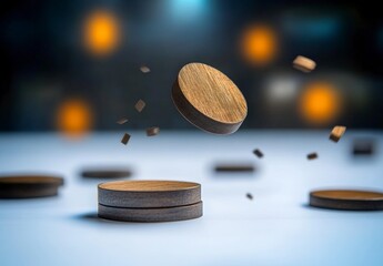Poster - Wooden coins floating in air above blurred background with bokeh lights creating an artistic and captivating scene