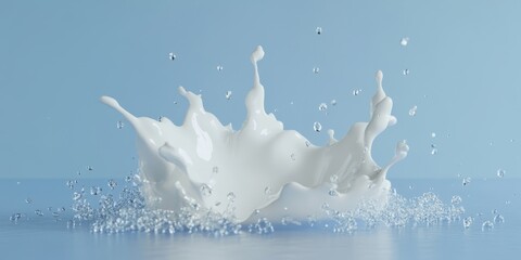 Poster - Splash of Milk with Droplets Against a Soft Blue Background Captured in High Resolution, Perfect for Food or Beverage Related Projects