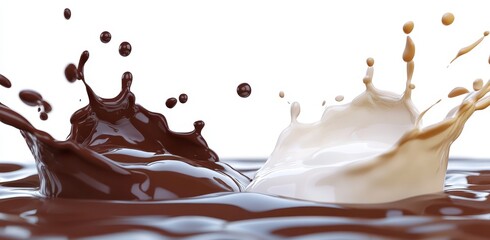 Poster - Splashes of Dark and Light Chocolate Droplets in Liquid Form Creating Dynamic and Captivating Visuals Against a White Background