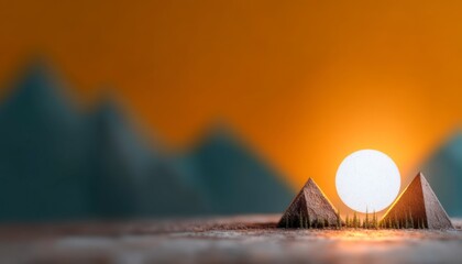 Poster - Miniature pyramids at sunset with dramatic sunburst illuminating a surreal landscape and distant mountain silhouettes