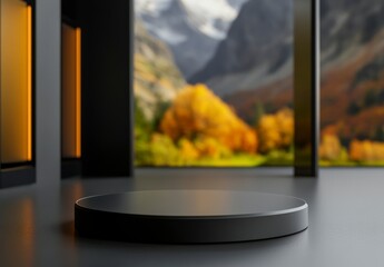 Poster - Modern minimalist display podium in a contemporary interior with scenic view of mountains and autumn foliage