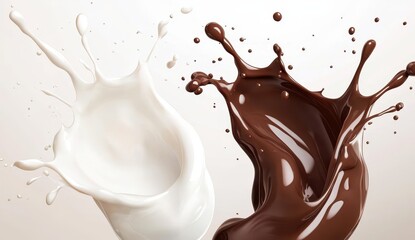 Poster - Splashes of White and Dark Chocolate Liquids with Dynamic Movement Captured in a Stunning Abstract Design and Smooth Flowing Textures