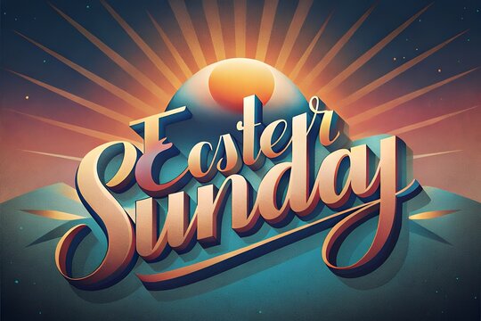 Happy Easter Sunday Poster, Artwork Easter Bunnies with a Big Easter Egg, Ringing a Gold Bell, Easter Greetings with Sunbeam