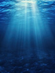 Poster - Sunlight Rays Piercing Through Deep Ocean Water Creating Beautiful Blue and Aquatic Atmosphere with Soft Light Effects in a Tranquil Underwater Scene