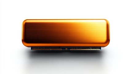 Poster - Sleek Orange Metallic Object on Light Background with Reflection Showcasing Modern Minimalist Design Aesthetic