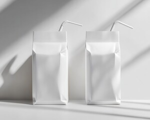 Poster - Two Minimalistic White Drink Cartons with Straws on Light Background, Modern Aesthetic for Design, Advertising, or Branding Projects