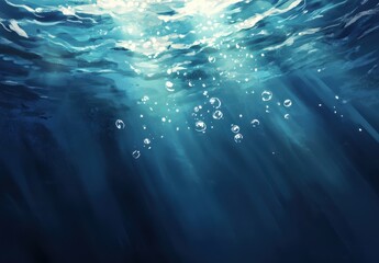 Poster - Underwater Scene with Sunlight and Bubbles in Clear Blue Water for Tranquil and Serene Atmosphere in Nature Photography