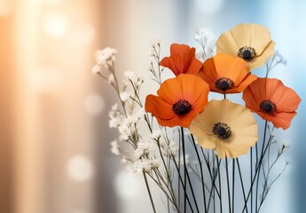 Poster - Vibrant Colorful Poppy Flowers with Natural Background in Soft Focus and Beautiful Light Contrast