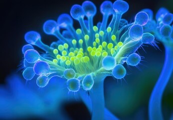 Poster - Vibrant Close-up of Neon Fungal Organism with Intense Blue and Green Colors Against Dark Background in a Microscopic View of Nature's Wonders