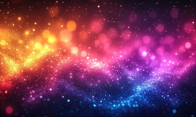 Fototapete - Abstract vibrant colorful background with bokeh effect, swirling patterns, and scattered particles of light in varying shades of orange, pink, purple, and blue on a dark background, creating an