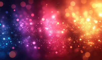 Poster - Vibrant colorful abstract background with glowing light particles and bokeh effect, featuring a blend of warm and cool tones, creating a festive and dynamic atmosphere. The warm tones include oranges
