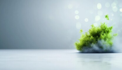 Poster - Vibrant Green Smoke with Dusty Particles Rising Beautifully Against a Soft, Blurred Background in Subtle Light