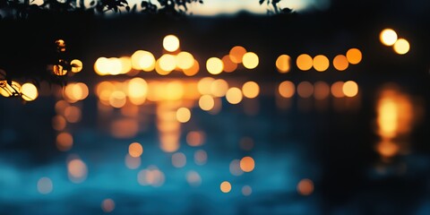 Poster - Blurred silhouette city lights at night, with soft golden and blue reflections for cinematic look. 32k, high resolution  