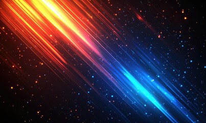 Poster - Abstract vibrant background with diagonal lines of bright orange and blue light streaks against a dark background, dotted with small particles