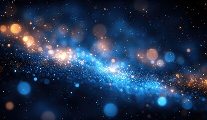 Poster - Abstract bokeh background with glowing light effects, swirling patterns of blue, orange and gold, dark background with small particle effects
