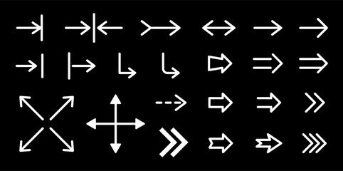 Poster - Arrows icons big set. Loading, downloading icon. Modern simple arrows, pointers on black background. Collection of arrow signs and direction indicators in various styles. Different arrow icons.