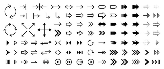 Poster - Large set arrows. Collection different arrows sign. Set different cursor arrow direction symbols. Black arrows icons. Linear arrows, flat, dotted. Modern arrow set. Vector collection cursor