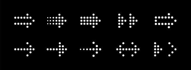 Poster - Dotted arrows icon set. Arrow dots style icons. Set of arrows with halftone effect. Different shapes. Directional pointer with dots. Design elements for navigation of websites, applications