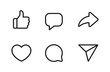 like, comment, and share icon in line design. love, speech bubble, and arrow repost outline sign sym