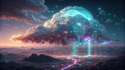Fototapete - surreal cloud formation glowing with digital circuits and vibrant colors, set against mystical landscape. scene evokes sense of wonder and technological advancement