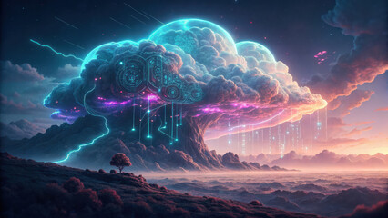 Poster - surreal cloud formation glowing with digital circuits and vibrant colors, set against dreamy landscape. scene evokes sense of wonder and imagination