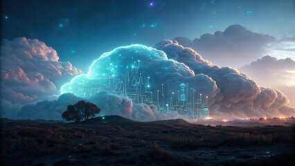 Poster - surreal cloud formation glowing with digital circuits, creating mesmerizing landscape. scene evokes sense of wonder and imagination, blending nature with technology