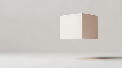 Fototapete - Minimalistic floating cube in a bright, neutral space with soft shadows and subtle background tones