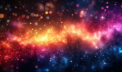 Poster - Abstract colorful vibrant background with sparkling particles and glowing streaks, showcasing a dynamic blend of warm and cool colors in a space-themed design.  Multicolored bokeh effects create a