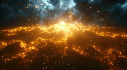 Aufkleber - Abstract digital landscape, glowing fiery orange and yellow particles,  against a dark cosmic background with  streaks of light blue.  Detailed patterns of glowing particles form a textured surface