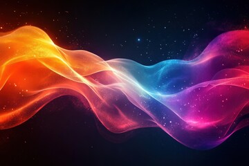 Poster - Colorful light waves in orange, blue, and pink dance against a deep black backdrop, evoking energy and movement