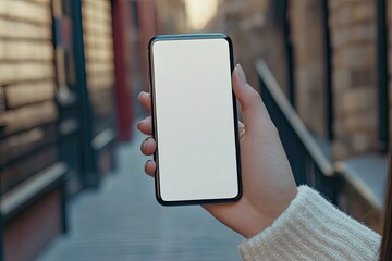 Poster - High Resolution Image of Womans Hand Holds Modern Cell Phone with Blank Screen
