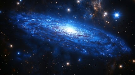 Poster - Cosmic deep blue galaxy with twinkling shining stars and soft glowing nebulae creating a space atmosphere. 32k high resolution 