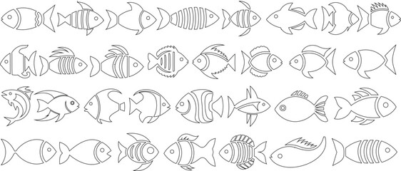 Wall Mural - fish outline icon vector illustration set. hand drawn aquatic animal design, marine life background.