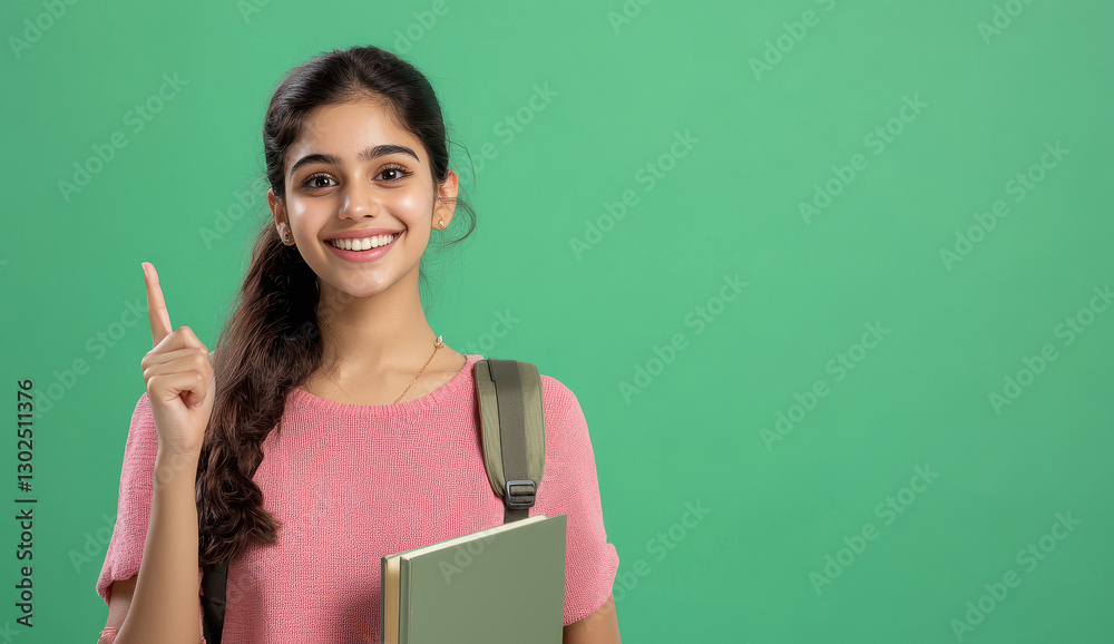 indian college girl holding book on green background Stock Photo ...