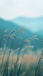 © pjjaruwan - A serene view of tall grass swaying gently in the breeze, set against a soft-focus mountain backdrop, conveying tranquility.