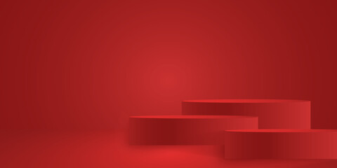 Realistic 3d red product podium on red background. Red product stage for product demonstration. Background for presentation, advertising, banner, poster. Vector illustration