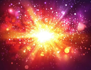 Poster - Vibrant explosion of light, radiating outwards from a central white point against a backdrop of colorful, sparkling particles and streaks, showcasing a dynamic and energetic atmosphere