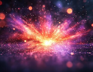 Poster - Vibrant explosion of colorful light particles on a dark background with sparkling glitter effect, illuminated with bright glowing lights