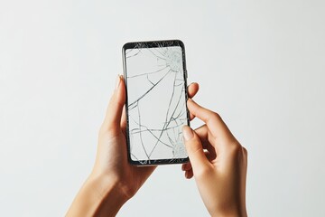 Poster - High Quality Image of Woman Hands Holding Smartphone with Cracked Screen Isolated on White