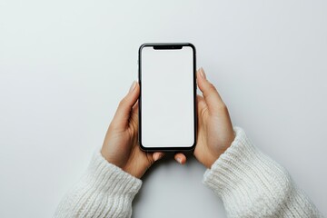 Poster - Pixel Perfect Picture of Women Hands Holding Smartphone on White Background