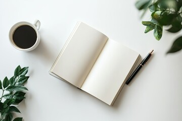 Poster - White Blank Book Cover Mockup with Pen, Coffee Cup, Plant on White Background Top View