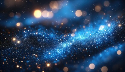 Poster - Abstract design, blue and gold glitter, bokeh, dark background, sparkling, glowing, shining, festive, glamorous, elegant, modern, artistic, texture, patterns, light effects, cosmic,  starry night