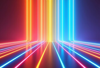 Poster - 3D Render of Abstract Spectrum Background: Bright Orange, Blue Neon Rays and Colorful Glowing Lines, Ideal for Modern Art, Design Projects, and Visual Compositions.

