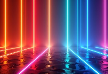 Poster - Abstract Multicolor Spectrum Background in 3D Render: Bright Orange, Blue Neon Rays, and Colorful Glowing Lines for Modern Designs, Visuals, and Artistic Creations.

