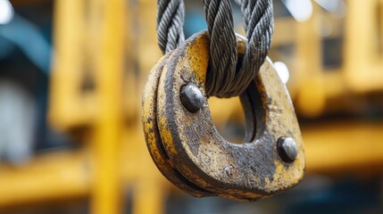 Poster - A close-up view of a construction crane's hook and cables, ready to lift materials.